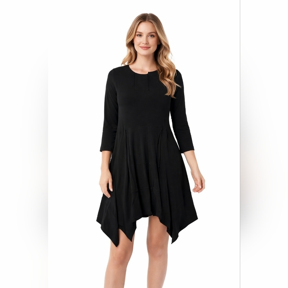 Sympli Black Knit Swing Flare Hankerchief Dress Assymetrical Hem Canada Size‎ 8